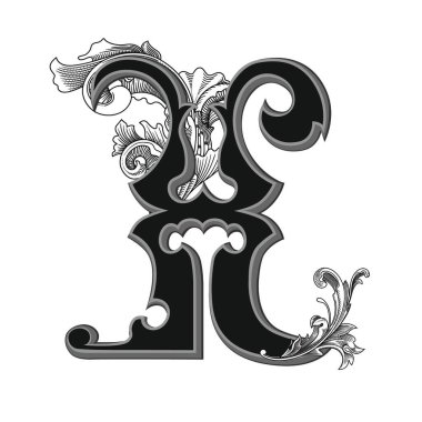 Beyaz arka planda izole edilmiş büyük harfli dekorasyonun vektör çizimi. Barok süslemeli zarif antika harf X. Baş harfler, logolar, amblemler için zarif siyah harfler.