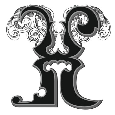 Beyaz arka planda izole edilmiş büyük harfli dekorasyonun vektör çizimi. Barok süslemeli zarif antika harf X. Baş harfler, logolar, amblemler için zarif siyah harfler.