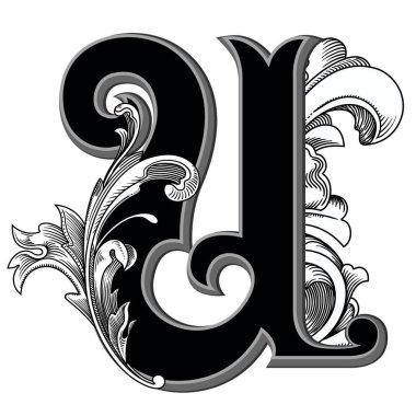 Beyaz arka planda izole edilmiş büyük harfli dekorasyonun vektör çizimi. Barok süslemeli zarif antika harf U. Baş harfler, logolar, amblemler için zarif siyah harfler.