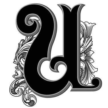 Beyaz arka planda izole edilmiş büyük harfli dekorasyonun vektör çizimi. Barok süslemeli zarif antika harf U. Baş harfler, logolar, amblemler için zarif siyah harfler.