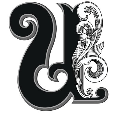 Beyaz arka planda izole edilmiş büyük harfli dekorasyonun vektör çizimi. Barok süslemeli zarif antika harf U. Baş harfler, logolar, amblemler için zarif siyah harfler.