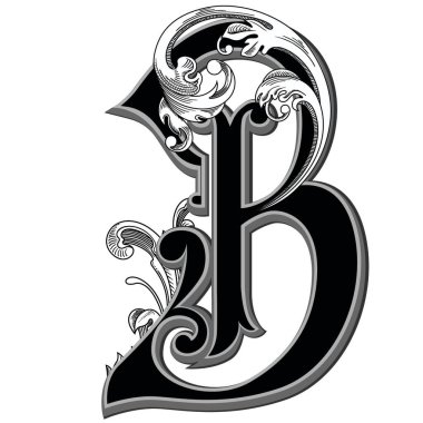 Beyaz arka planda izole edilmiş büyük harfli dekorasyonun vektör çizimi. Barok süslemeli zarif antik harf B. Baş harfler, logolar, amblemler için zarif siyah harfler.