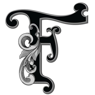 Beyaz arkaplanda izole edilmiş dekorasyonlu büyük harf vektör illüstrasyonu.Barok süslemeli zarif antik harf F. Baş harfler, logolar, amblemler için zarif siyah harfler.