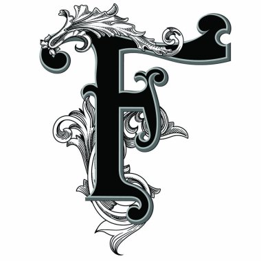 Beyaz arkaplanda izole edilmiş dekorasyonlu büyük harf vektör illüstrasyonu.Barok süslemeli zarif antik harf F. Baş harfler, logolar, amblemler için zarif siyah harfler.