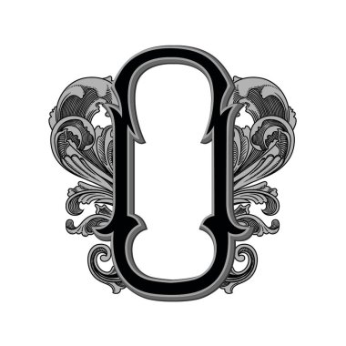 Beyaz arkaplanda izole edilmiş dekorasyonlu büyük harf vektör illüstrasyonu. Barok süslemeli zarif antik harf o. Baş harfler, logolar, amblemler için zarif siyah harfler.