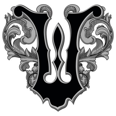 Beyaz arkaplanda izole edilmiş dekorasyonlu büyük harflerin vektör çizimi. Barok süslemeli zarif antika harf W. Baş harfler, logolar, amblemler için zarif siyah harfler.