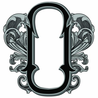 Beyaz arkaplanda izole edilmiş dekorasyonlu büyük harf vektör illüstrasyonu. Barok süslemeli zarif antik harf o. Baş harfler, logolar, amblemler için zarif siyah harfler.