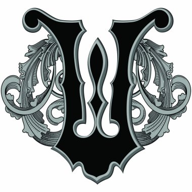 Beyaz arkaplanda izole edilmiş dekorasyonlu büyük harflerin vektör çizimi. Barok süslemeli zarif antika harf W. Baş harfler, logolar, amblemler için zarif siyah harfler.