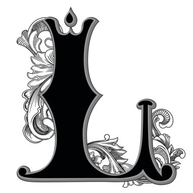 Beyaz arkaplanda izole edilmiş dekorasyonlu büyük harf vektör illüstrasyonu. Zarif, barok süslemeli antik harf L. Baş harfler, logolar, amblemler için zarif siyah harfler.