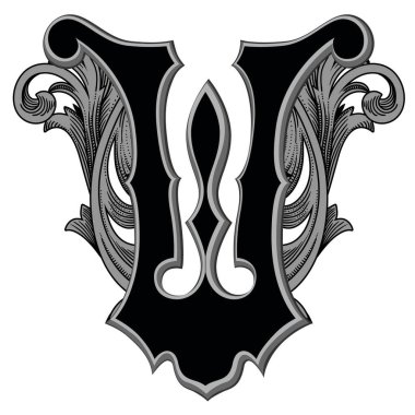 Beyaz arkaplanda izole edilmiş dekorasyonlu büyük harflerin vektör çizimi. Barok süslemeli zarif antika harf W. Baş harfler, logolar, amblemler için zarif siyah harfler.