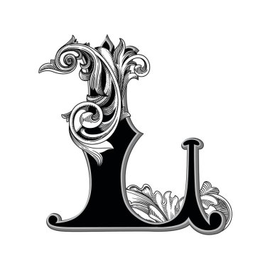 Beyaz arkaplanda izole edilmiş dekorasyonlu büyük harf vektör illüstrasyonu. Zarif, barok süslemeli antik harf L. Baş harfler, logolar, amblemler için zarif siyah harfler.