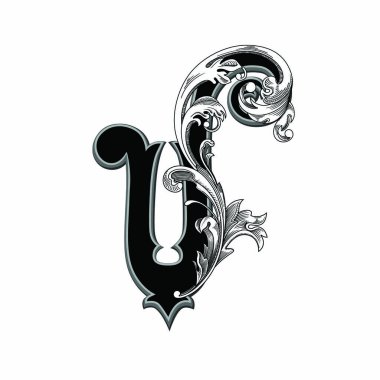 Beyaz arka planda izole edilmiş büyük harfli dekorasyonun vektör illüstrasyonu. Zarif, barok süslemeli antik Harf V. Baş harfler, logolar, amblemler için zarif siyah harfler.