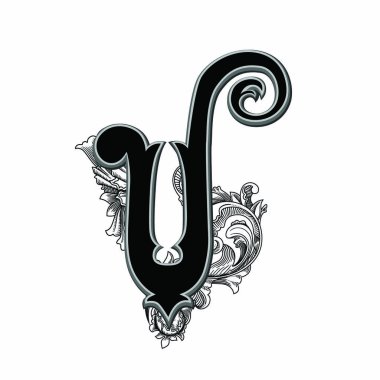 Beyaz arka planda izole edilmiş büyük harfli dekorasyonun vektör illüstrasyonu. Zarif, barok süslemeli antik Harf V. Baş harfler, logolar, amblemler için zarif siyah harfler.