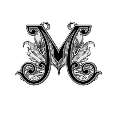 Beyaz arka planda izole edilmiş büyük harfli dekorasyonun vektör çizimi. Barok süslemeli zarif antik harf M. Baş harfler, logolar, amblemler için zarif siyah harfler.