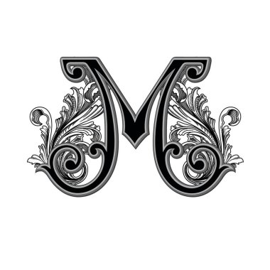 Vector illustration of the uppercase letter with decorations isolated on white background.Elegant antique Letter M  with baroque ornamentation. Elegant black capital letter to use monograms, logos, emblems clipart