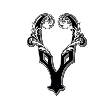 Beyaz arka planda izole edilmiş büyük harfli dekorasyonun vektör illüstrasyonu. Zarif, barok süslemeli antik Harf V. Baş harfler, logolar, amblemler için zarif siyah harfler.