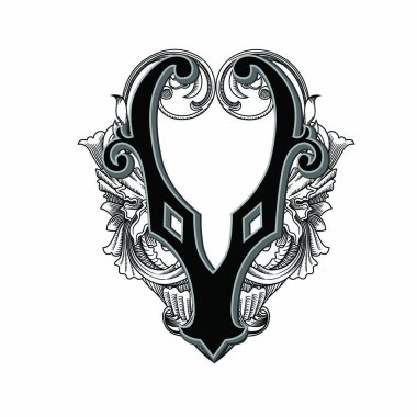 Beyaz arka planda izole edilmiş büyük harfli dekorasyonun vektör illüstrasyonu. Zarif, barok süslemeli antik Harf V. Baş harfler, logolar, amblemler için zarif siyah harfler.