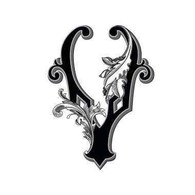 Beyaz arka planda izole edilmiş büyük harfli dekorasyonun vektör illüstrasyonu. Zarif, barok süslemeli antik Harf V. Baş harfler, logolar, amblemler için zarif siyah harfler.