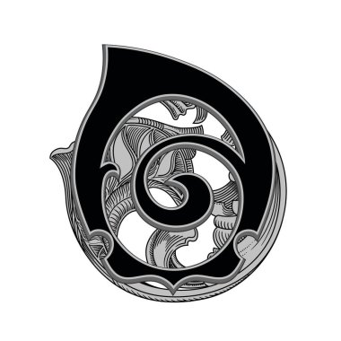 Beyaz arkaplanda izole edilmiş dekorasyonlu büyük harf vektör illüstrasyonu. Barok süslemeli zarif antik harf o. Baş harfler, logolar, amblemler için zarif siyah harfler.