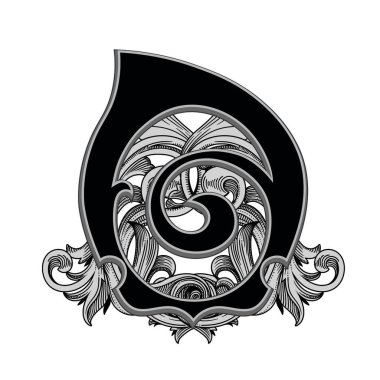 Beyaz arkaplanda izole edilmiş dekorasyonlu büyük harf vektör illüstrasyonu. Barok süslemeli zarif antik harf o. Baş harfler, logolar, amblemler için zarif siyah harfler.