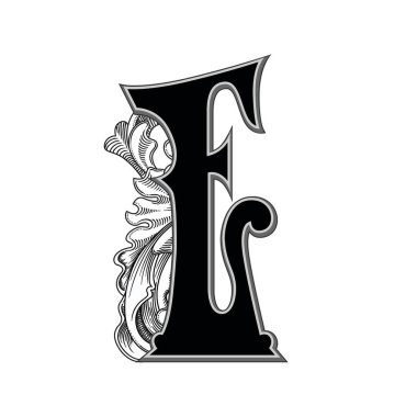 Beyaz arka planda izole edilmiş dekorasyonlu büyük harflerin vektör çizimi. Zarif antika harf ve barok süslemeler. Baş harfler, logolar, amblemler için zarif siyah harfler.