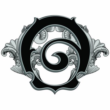 Beyaz arkaplanda izole edilmiş dekorasyonlu büyük harf vektör illüstrasyonu. Barok süslemeli zarif antik harf o. Baş harfler, logolar, amblemler için zarif siyah harfler.