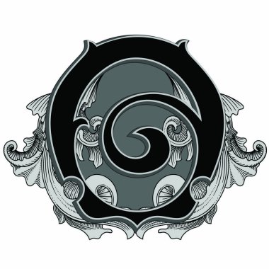 Beyaz arkaplanda izole edilmiş dekorasyonlu büyük harf vektör illüstrasyonu. Barok süslemeli zarif antik harf o. Baş harfler, logolar, amblemler için zarif siyah harfler.