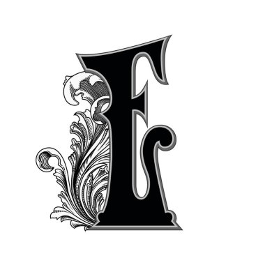 Beyaz arka planda izole edilmiş dekorasyonlu büyük harflerin vektör çizimi. Zarif antika harf ve barok süslemeler. Baş harfler, logolar, amblemler için zarif siyah harfler.