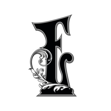 Beyaz arka planda izole edilmiş dekorasyonlu büyük harflerin vektör çizimi. Zarif antika harf ve barok süslemeler. Baş harfler, logolar, amblemler için zarif siyah harfler.