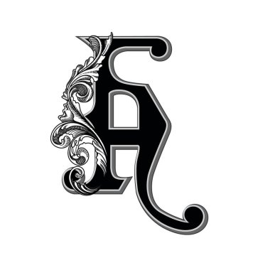 Beyaz arka planda izole edilmiş büyük harfli dekorasyonun vektör çizimi. Barok süslemeli zarif antik harf H. Baş harfler, logolar, amblemler için zarif siyah harfler.