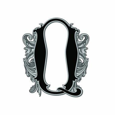 Beyaz arkaplanda izole edilmiş dekorasyonlu büyük harf vektör illüstrasyonu.Barok süslemeli zarif antika harf Q. Baş harfler, logolar, amblemler için zarif siyah harfler.