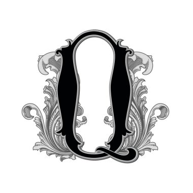 Beyaz arkaplanda izole edilmiş dekorasyonlu büyük harf vektör illüstrasyonu.Barok süslemeli zarif antika harf Q. Baş harfler, logolar, amblemler için zarif siyah harfler.