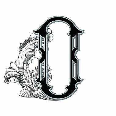 Beyaz arkaplanda izole edilmiş dekorasyonlu büyük harf vektör illüstrasyonu. Barok süslemeli zarif antik harf o. Baş harfler, logolar, amblemler için zarif siyah harfler.