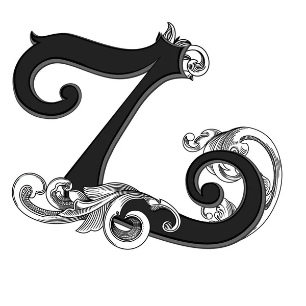 Beyaz arka planda izole edilmiş büyük harfli dekorasyonun vektör çizimi. Barok süslemeli zarif antika harf Z. Baş harfler, logolar, amblemler için zarif siyah harfler.