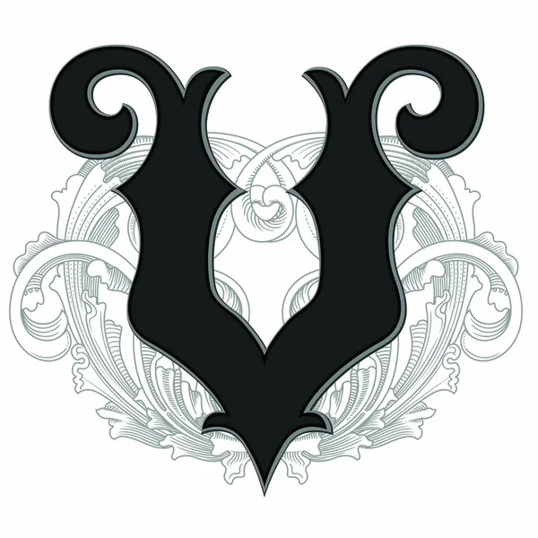 白を基調とした装飾が施された大文字のベクトルイラスト バロック調の装飾が施されたエレガントなアンティークレターV モノグラム エンブレムを使用するエレガントな黒の大文字 — ストックベクタ