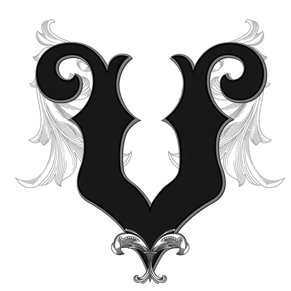Beyaz arka planda izole edilmiş büyük harfli dekorasyonun vektör illüstrasyonu. Zarif, barok süslemeli antik Harf V. Baş harfler, logolar, amblemler için zarif siyah harfler.
