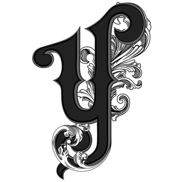 白を基調とした装飾が施された大文字のベクトルイラスト バロック調の装飾が施されたエレガントなアンティークレターY モノグラム エンブレムを使用するエレガントな黒の大文字 — ストックベクタ