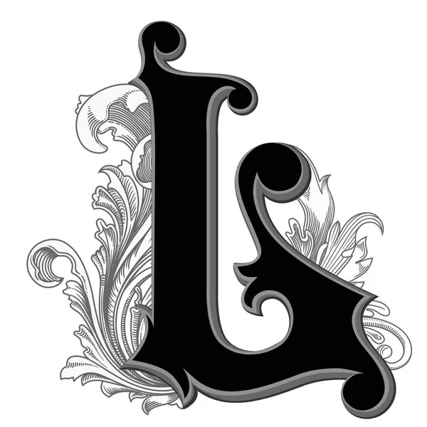 Beyaz arkaplanda izole edilmiş dekorasyonlu büyük harf vektör illüstrasyonu. Zarif, barok süslemeli antik harf L. Baş harfler, logolar, amblemler için zarif siyah harfler.