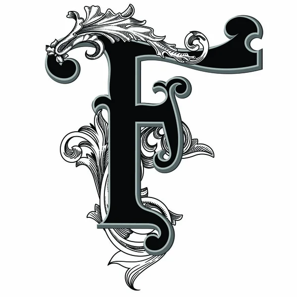 Beyaz arkaplanda izole edilmiş dekorasyonlu büyük harf vektör illüstrasyonu.Barok süslemeli zarif antik harf F. Baş harfler, logolar, amblemler için zarif siyah harfler.