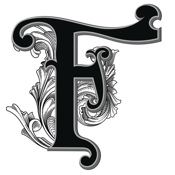 Beyaz arkaplanda izole edilmiş dekorasyonlu büyük harf vektör illüstrasyonu.Barok süslemeli zarif antik harf F. Baş harfler, logolar, amblemler için zarif siyah harfler.