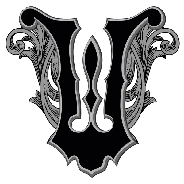 Beyaz arkaplanda izole edilmiş dekorasyonlu büyük harflerin vektör çizimi. Barok süslemeli zarif antika harf W. Baş harfler, logolar, amblemler için zarif siyah harfler.