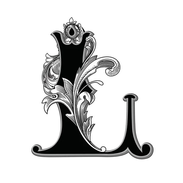 Beyaz arkaplanda izole edilmiş dekorasyonlu büyük harf vektör illüstrasyonu. Zarif, barok süslemeli antik harf L. Baş harfler, logolar, amblemler için zarif siyah harfler.