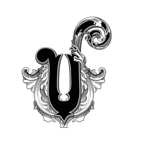 白を基調とした装飾が施された大文字のベクトルイラスト バロック調の装飾が施されたエレガントなアンティークレターV モノグラム エンブレムを使用するエレガントな黒の大文字 — ストックベクタ