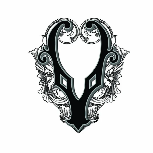 Beyaz arka planda izole edilmiş büyük harfli dekorasyonun vektör illüstrasyonu. Zarif, barok süslemeli antik Harf V. Baş harfler, logolar, amblemler için zarif siyah harfler.