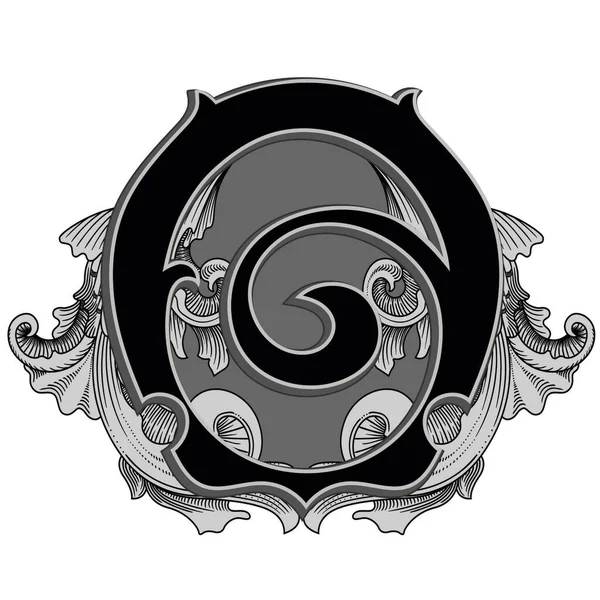 Beyaz arkaplanda izole edilmiş dekorasyonlu büyük harf vektör illüstrasyonu. Barok süslemeli zarif antik harf o. Baş harfler, logolar, amblemler için zarif siyah harfler.