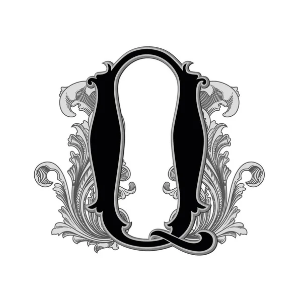 Beyaz arkaplanda izole edilmiş dekorasyonlu büyük harf vektör illüstrasyonu.Barok süslemeli zarif antika harf Q. Baş harfler, logolar, amblemler için zarif siyah harfler.