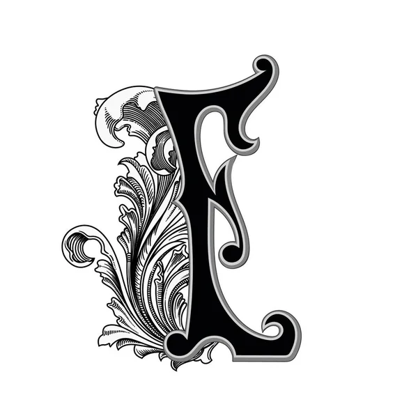 Beyaz arka planda izole edilmiş dekorasyonlu büyük harflerin vektör çizimi. Zarif antika harf ve barok süslemeler. Baş harfler, logolar, amblemler için zarif siyah harfler.