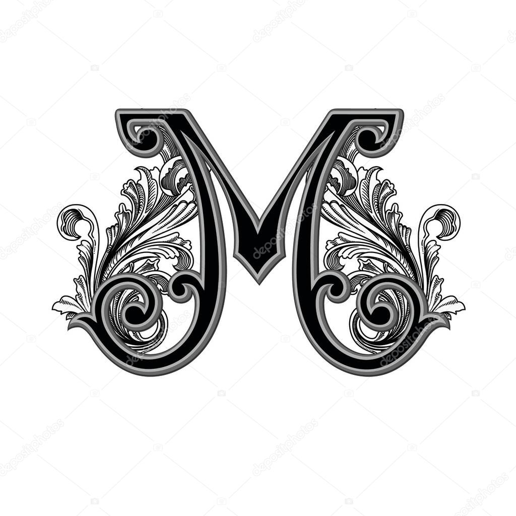 Vector illustration of the uppercase letter with decorations isolated on white background.Elegant antique Letter M  with baroque ornamentation. Elegant black capital letter to use monograms, logos, emblems