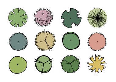 Manzara mimarisi ve site planı tasarımı için Lukis In tarafından el çizimi üst görünüm ağacı seti