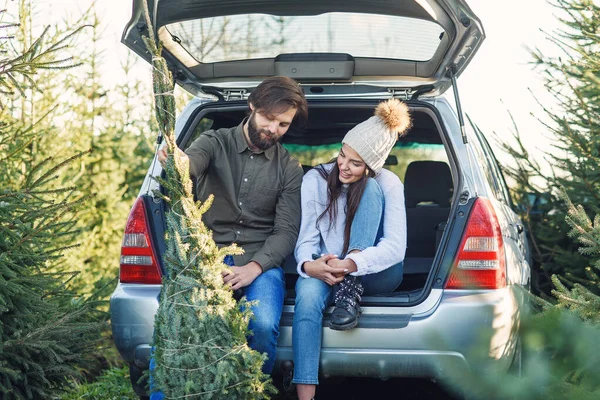 Casal apaixonado carregando recém-cortado árvore de Natal em um tronco de seu carro. Família jovem que se prepara para férias. — Fotografia de Stock